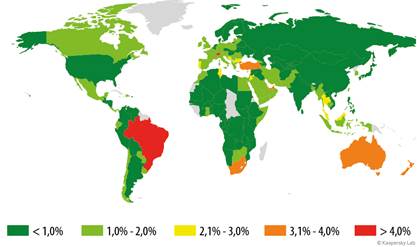 Territorios afectados por ataques de troyanos bancarios en el segundo trimestre de 2015 (porcentaje de usuarios atacados)