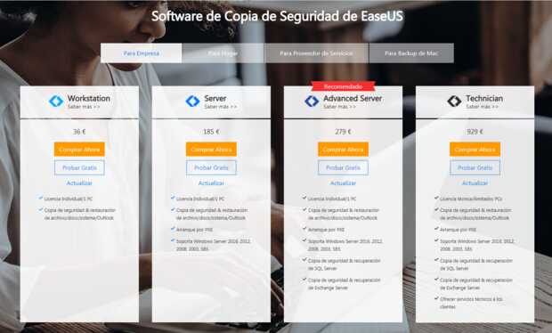 EaseUS Todo Backup también ofrece versiones empresariales