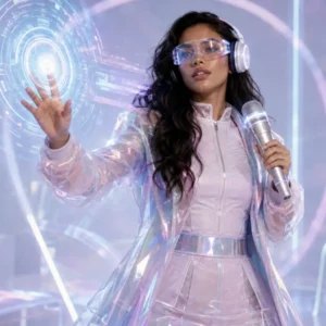 Cantante futurista con micrófono y pantalla holográfica en tonos pastel.