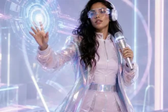 Cantante futurista con micrófono y pantalla holográfica en tonos pastel.