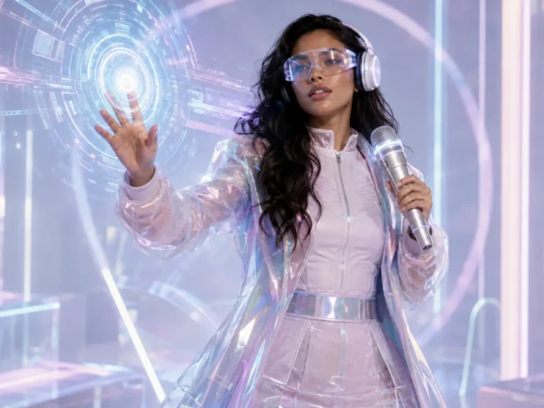 Cantante futurista con micrófono y pantalla holográfica en tonos pastel.