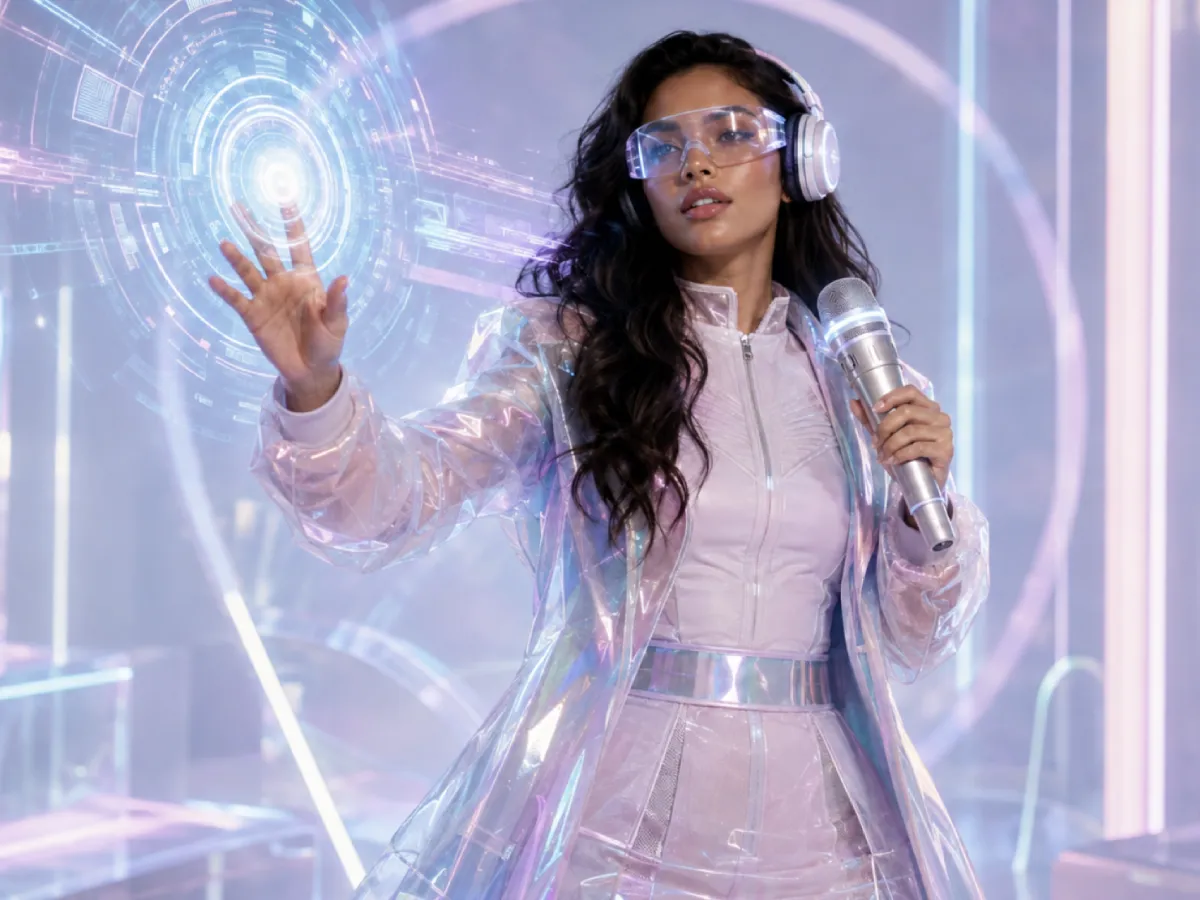 Cantante futurista con micrófono y pantalla holográfica en tonos pastel.