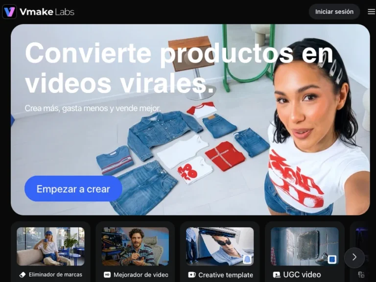 Vmake Labs AI review en Español: genera videos UGC, mejora calidad y elimina marcas de agua con IA